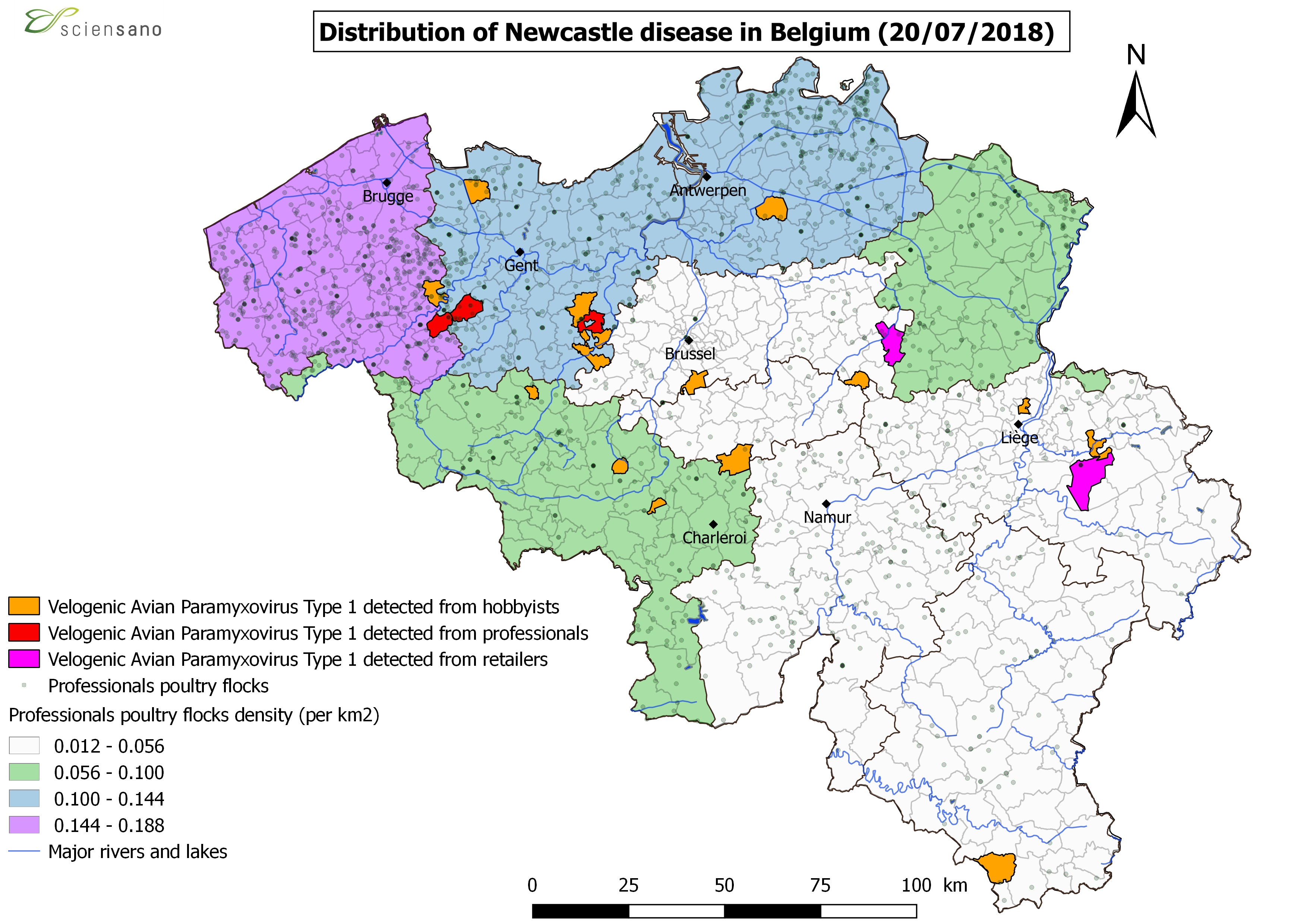 Distribution of Newcastle disease in Belgium (20/07/2018)