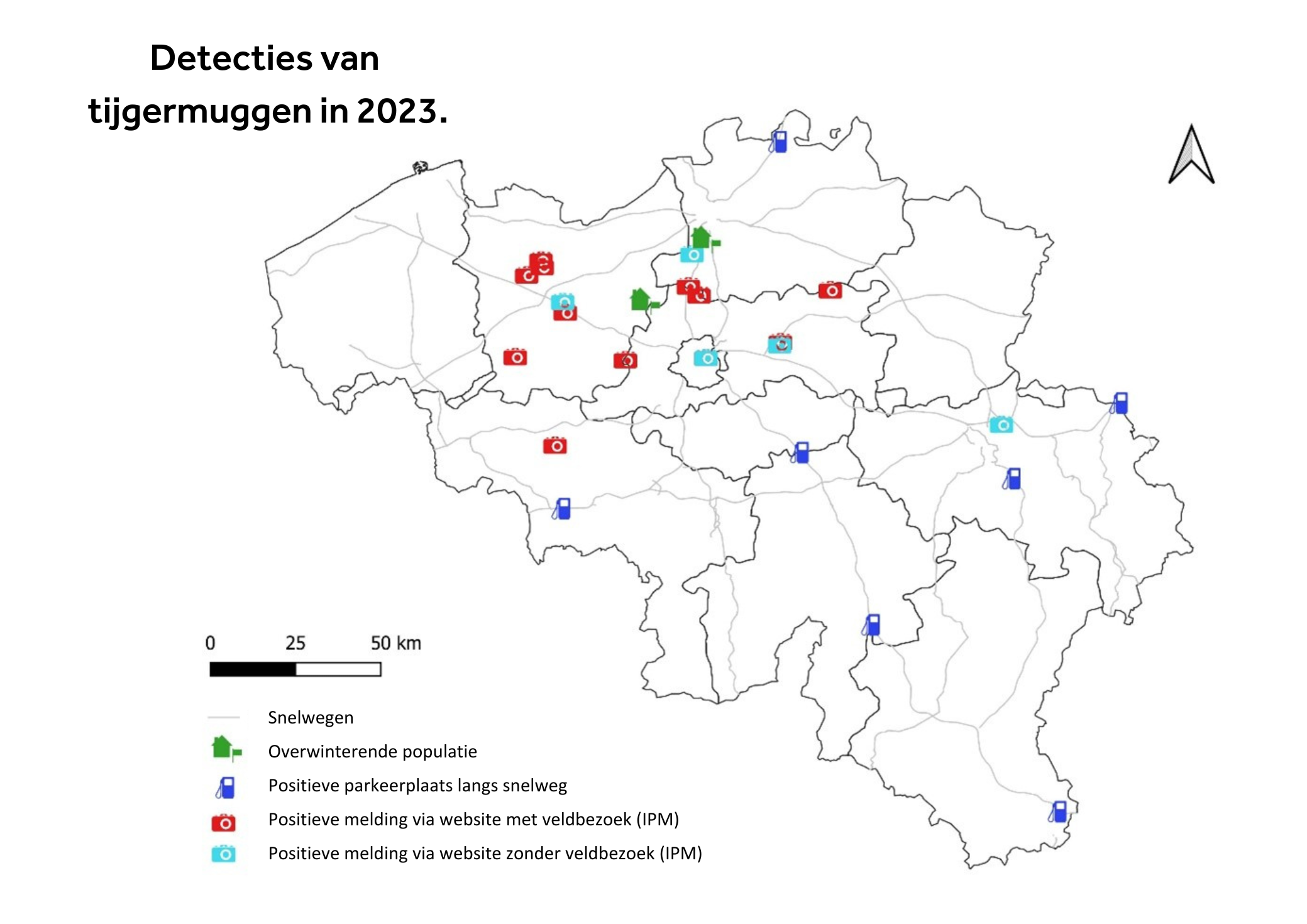 Kaart van België met de detecties van tijgermuggen in 2023